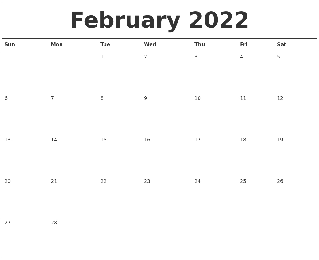 Calendar For February 2022