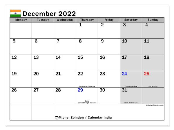 Calendar &quot;India&quot; - Printing December 2022 - Michel Zbinden En