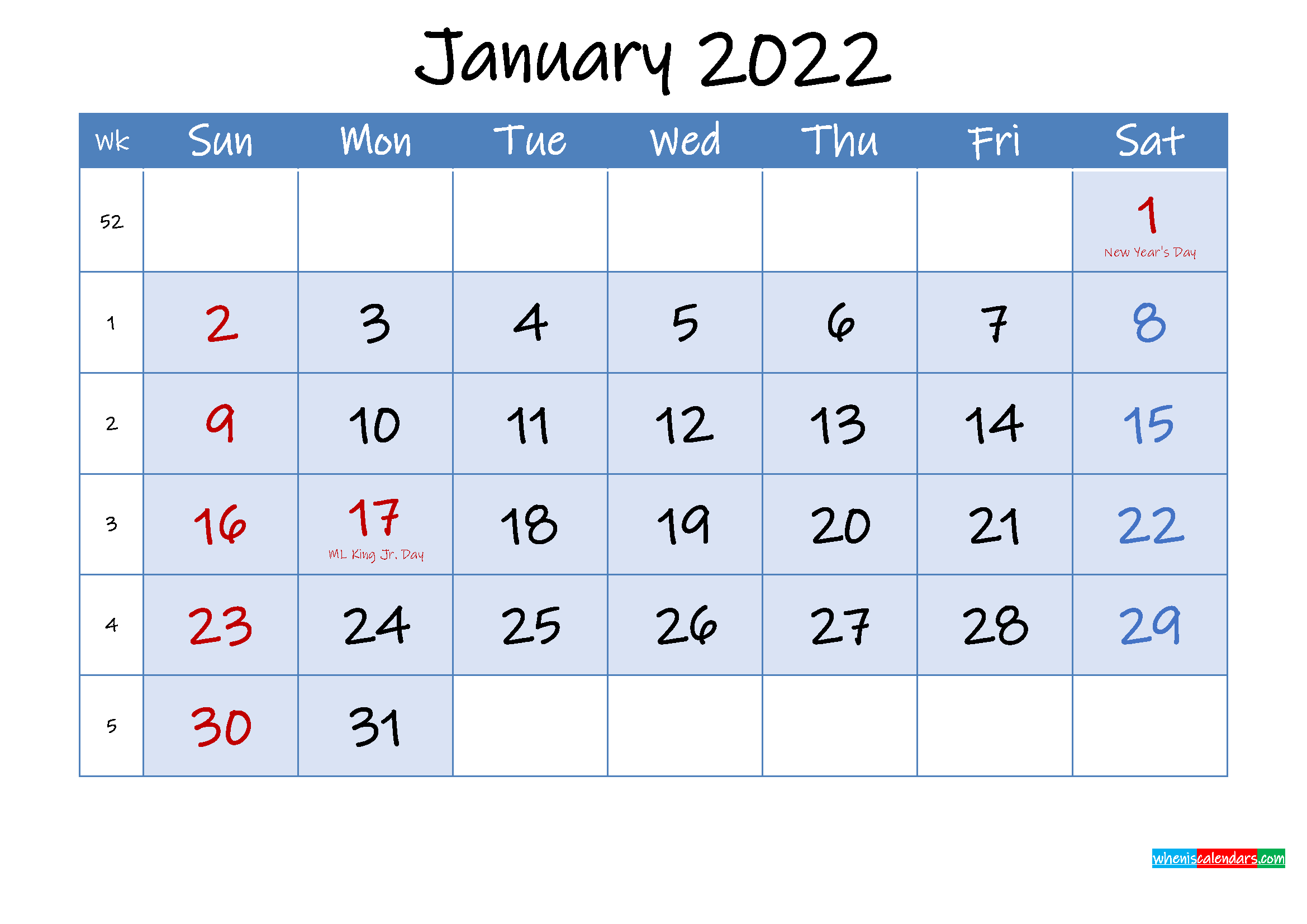 Calendar Month 2022 January