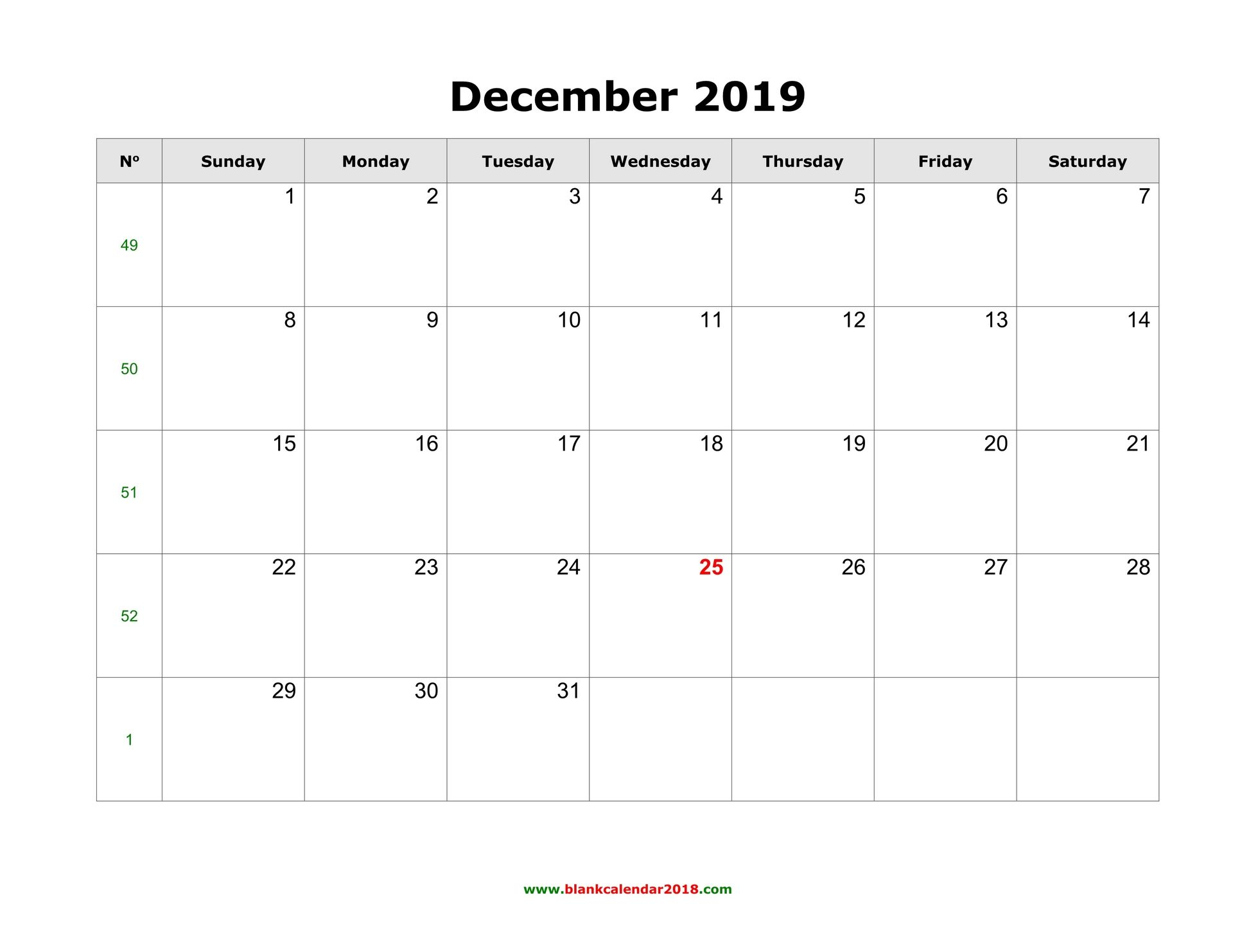 Calendar Template December 2019 Editable - Free Template