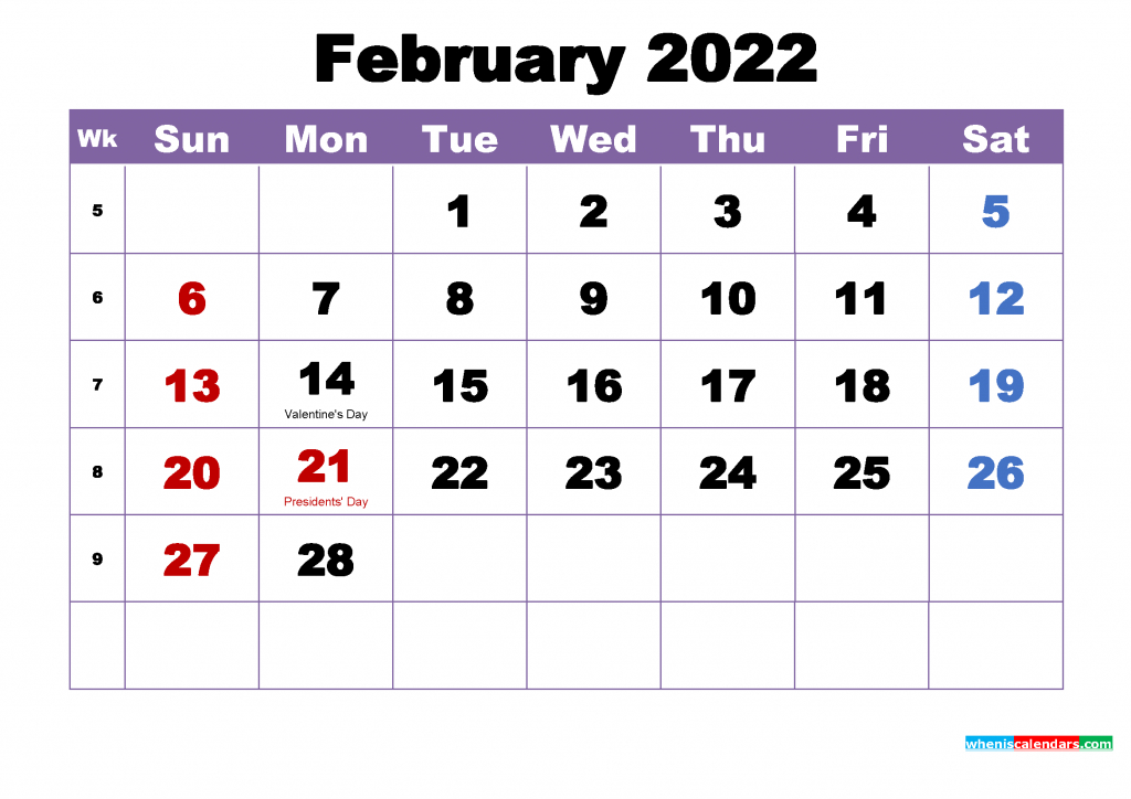 Calendar Template Feb 2022 | 2022 Printable Calendars