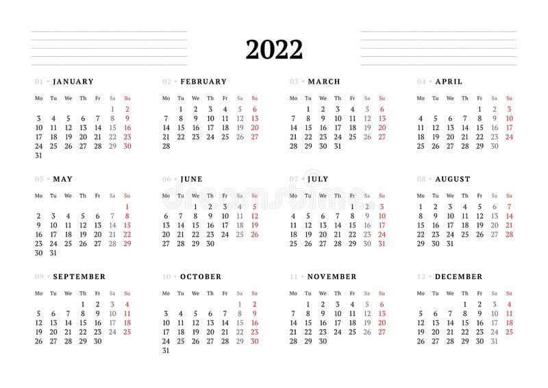 Calendar Template For 2022 Year. Stationery Design. Week