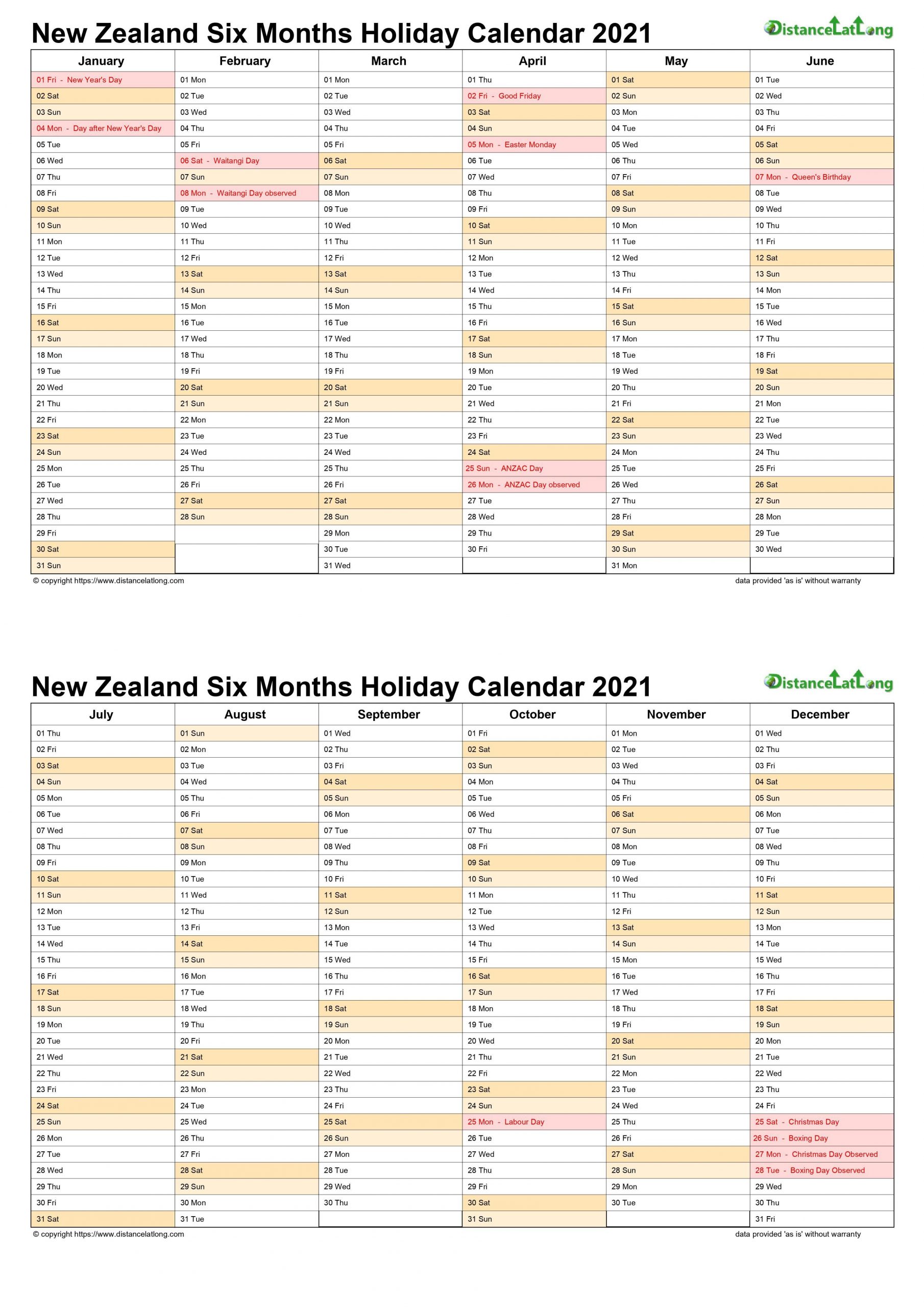 Calendar Vertical Month Holiday New Zealand 2 Page 2021