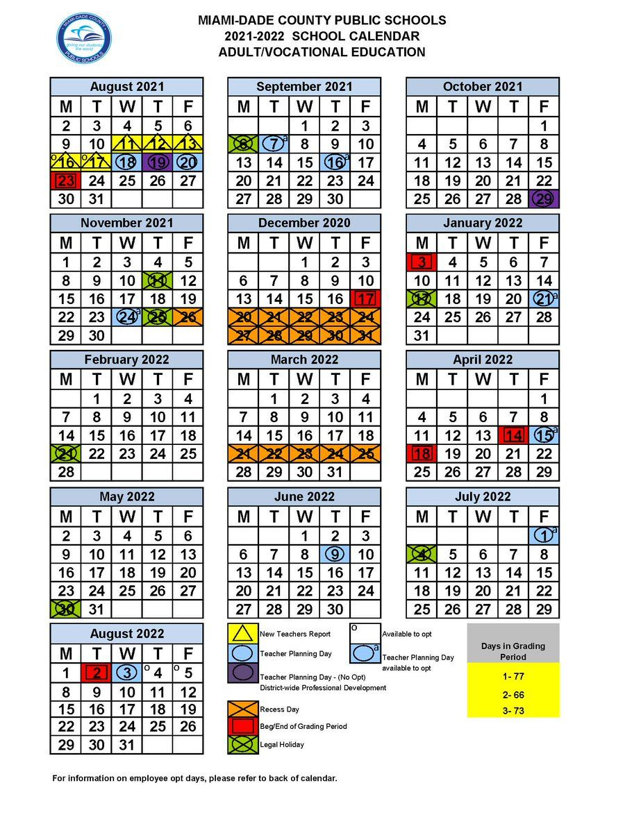 Calendario Escolar 2021 A 2022 Miami Dade / Broward County