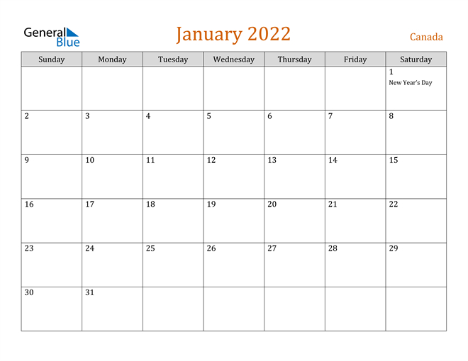 Canada January 2022 Calendar With Holidays