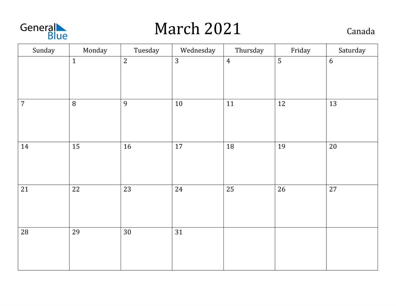 Canada March 2021 Calendar With Holidays