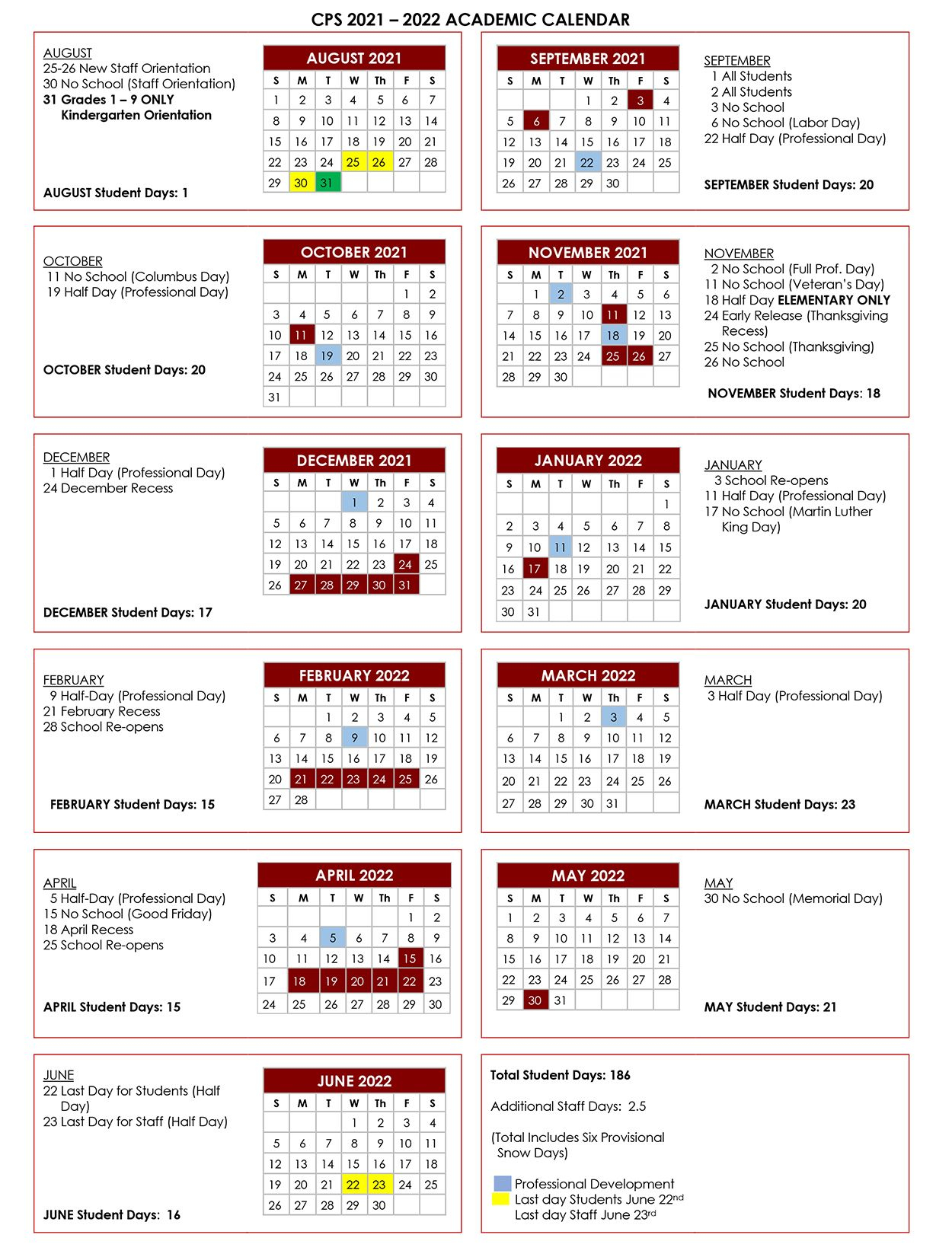 Chelmsford Public Schools Calendar 2021-2022