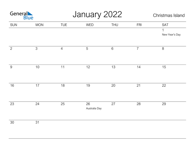 Christmas Island January 2022 Calendar With Holidays