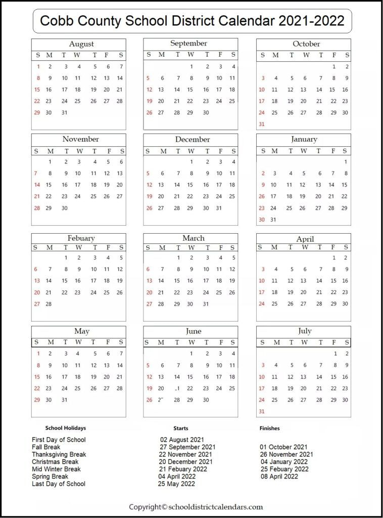Cobb County School District Holidays 2021-2022 Calendar