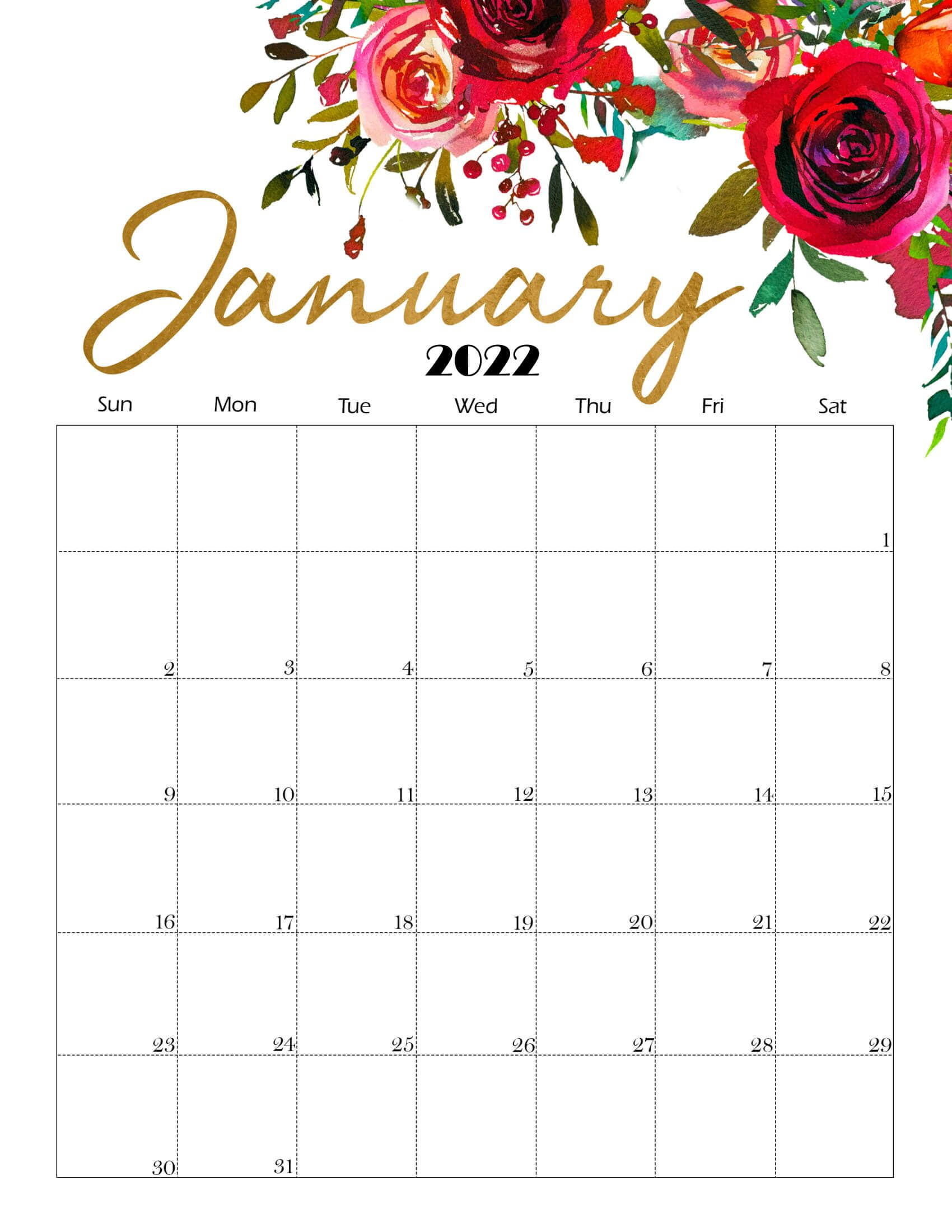 Cute January 2022 Calendar Printable - Floral Designs