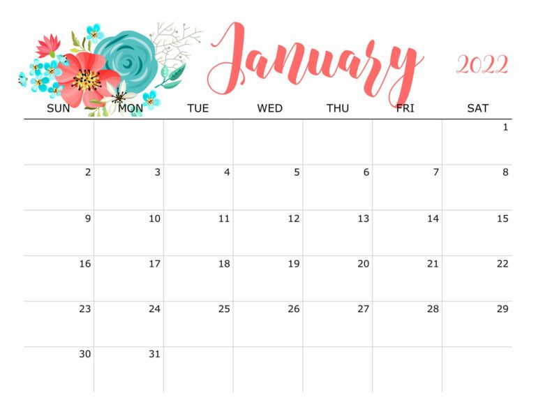 Cute January 2022 Calendar Printable - Floral Designs