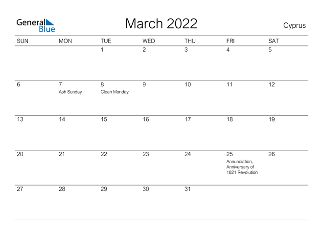 Cyprus March 2022 Calendar With Holidays