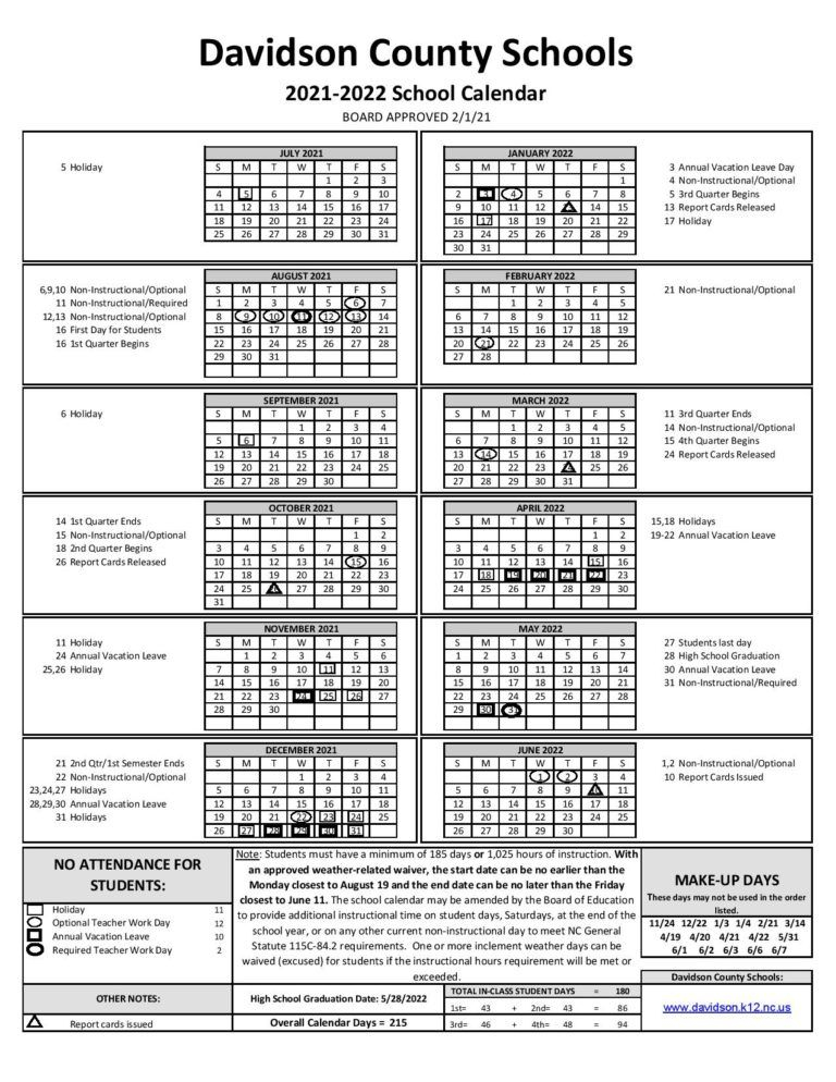 Davidson County Schools Calendar 2021-2022 - Holiday Calendar