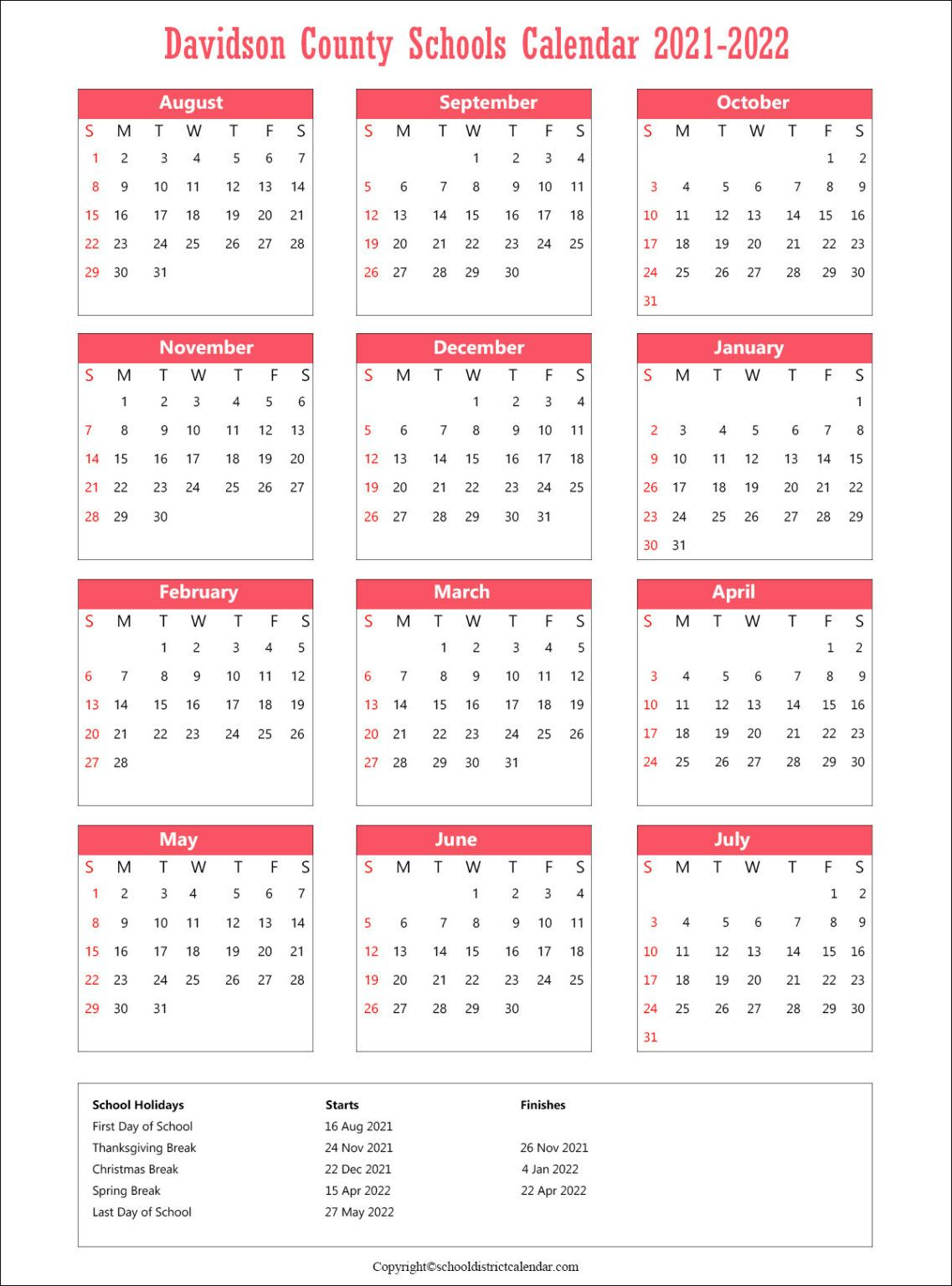 Davidson County Schools District Calendar Holidays 2021-2022