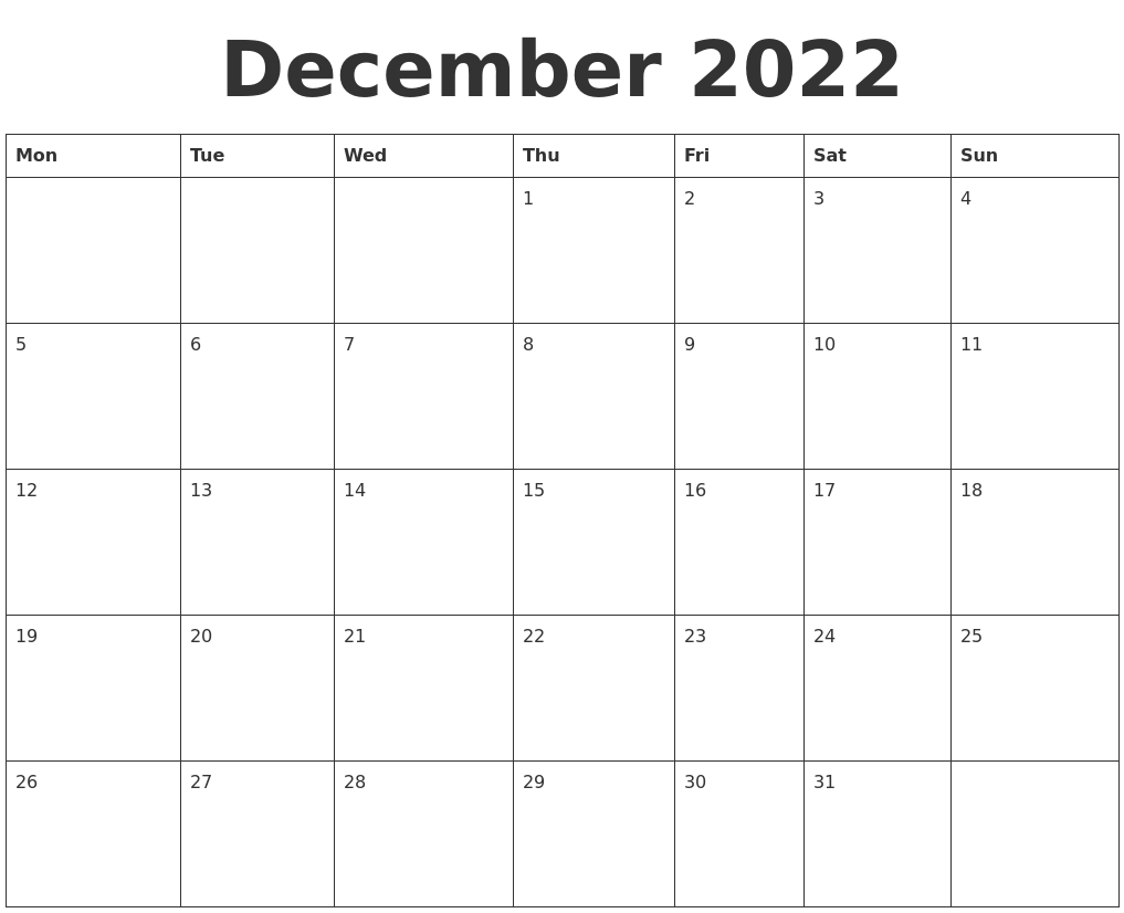 December 2022 Blank Calendar Template