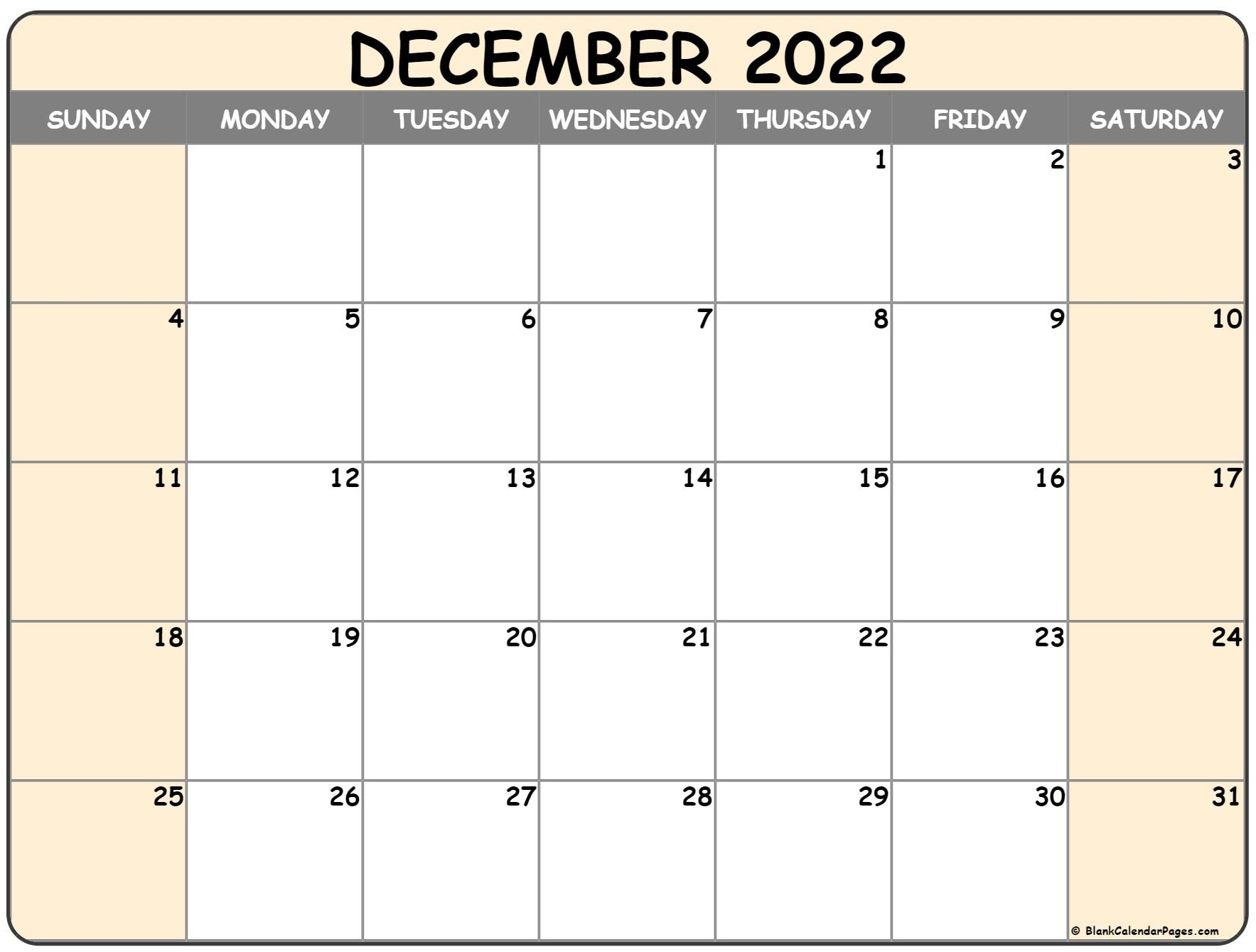 The Calendar For The Month Of December 2022