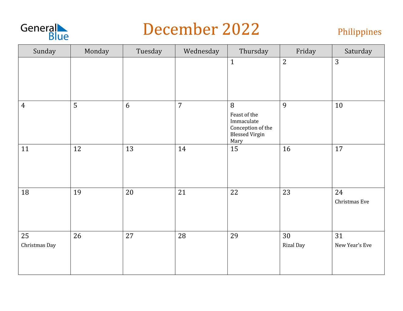 December 2022 Calendar - Philippines