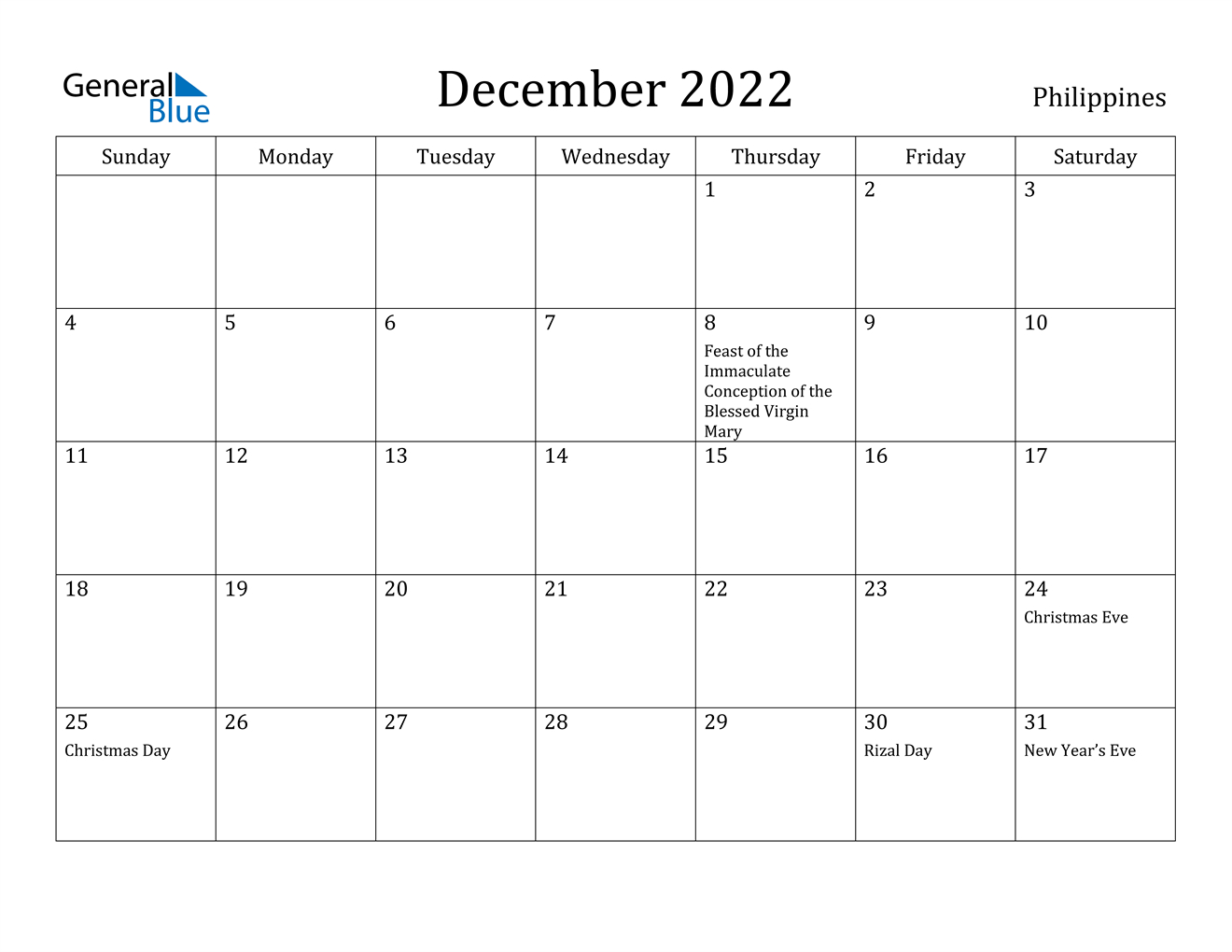 December 2022 Calendar - Philippines