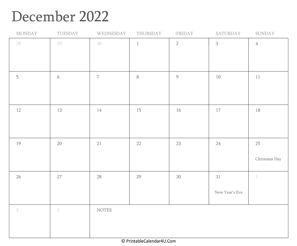 December 2022 Calendar Printable With Holidays