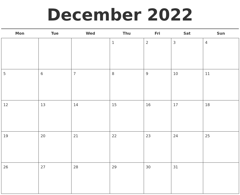 December 2022 Free Calendar Template