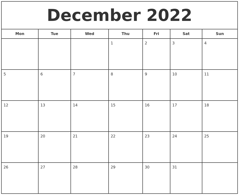 December 2022 Print Free Calendar