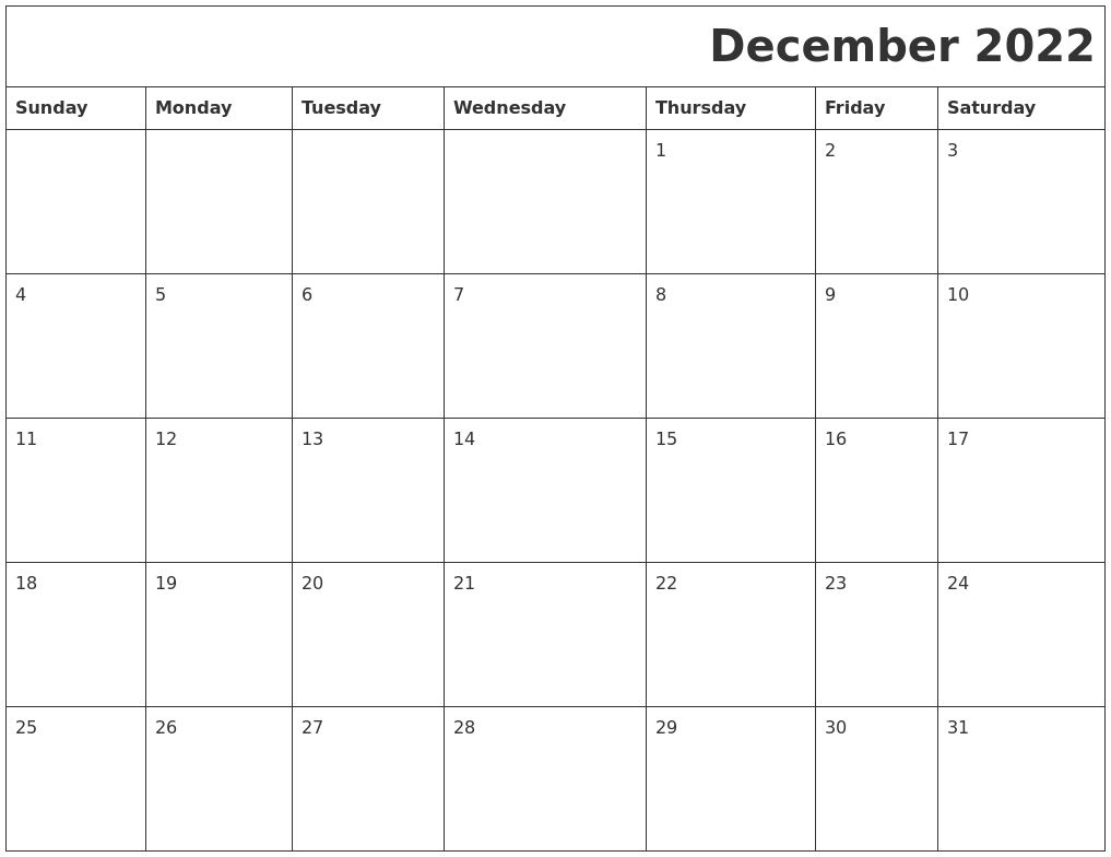 December 2022 Printable Calender