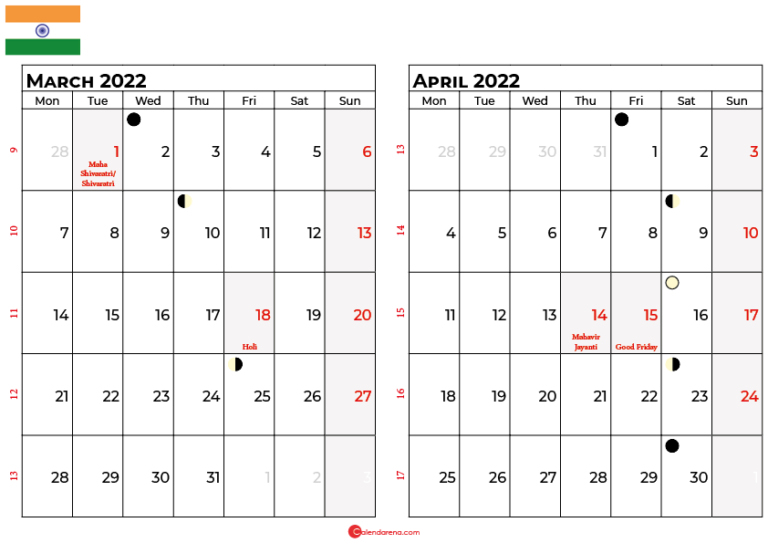 Download Free March 2022 Calendar India With Holidays
