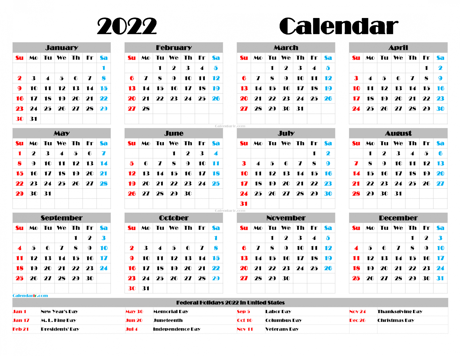 Download Free Printable Yearly Calendar 2022 Pdf, Png