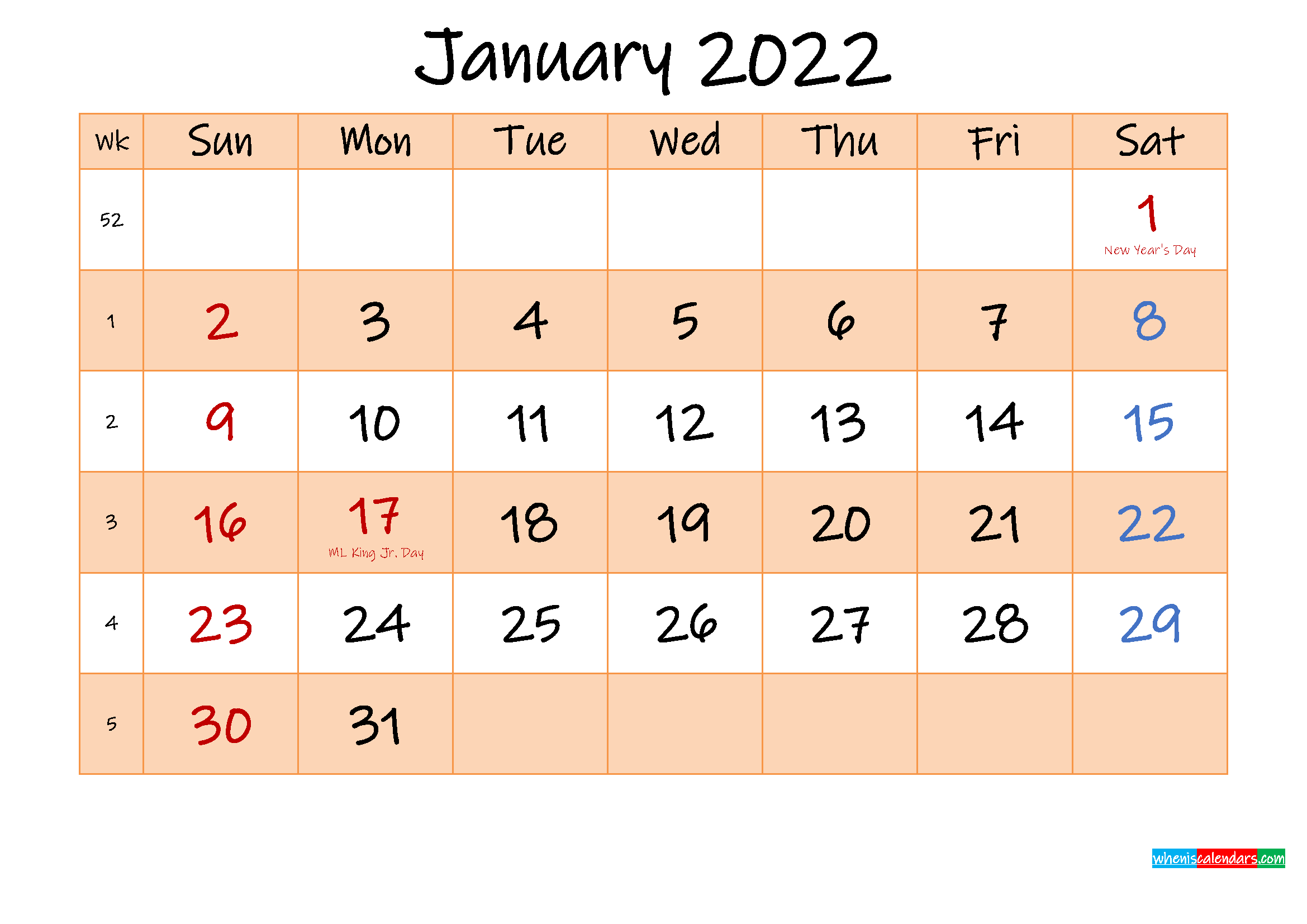 Editable January 2022 Calendar - Template No.ink22M481