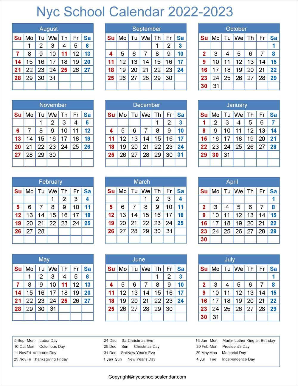 ️Nyc School Holidays Calendar 2022-2023