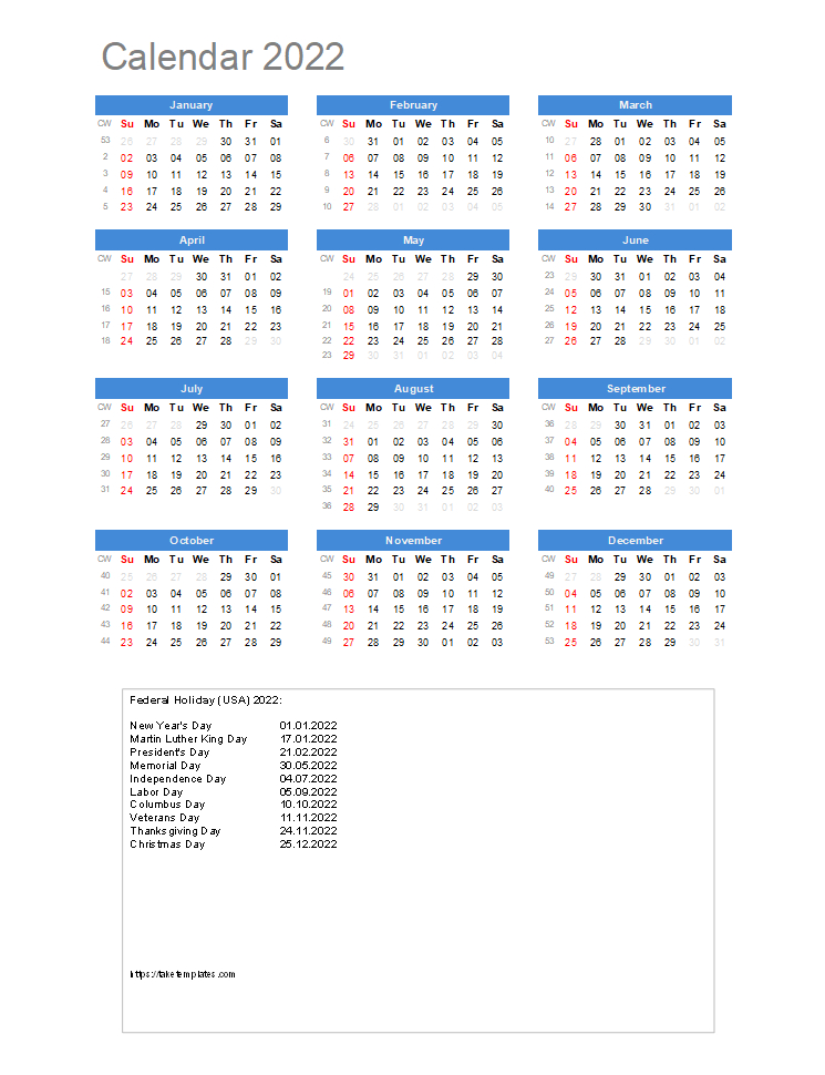 Excel Calendar 2022 Template Free - November Calendar 2022