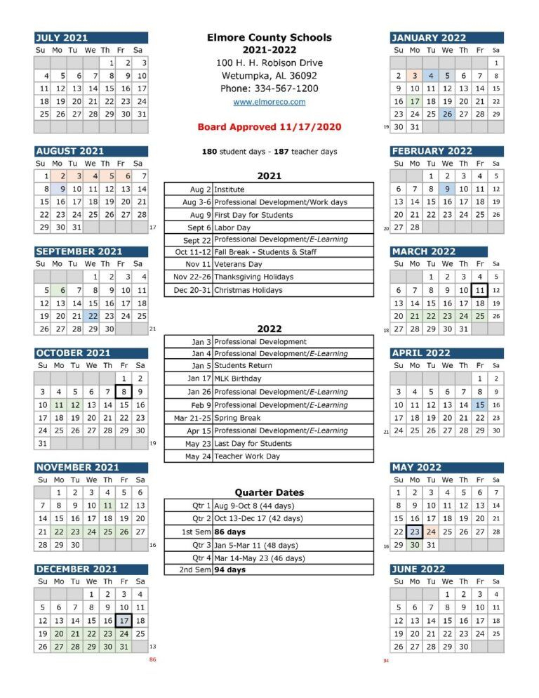 😊 Elmore County School Calendar 2021-2022 😊
