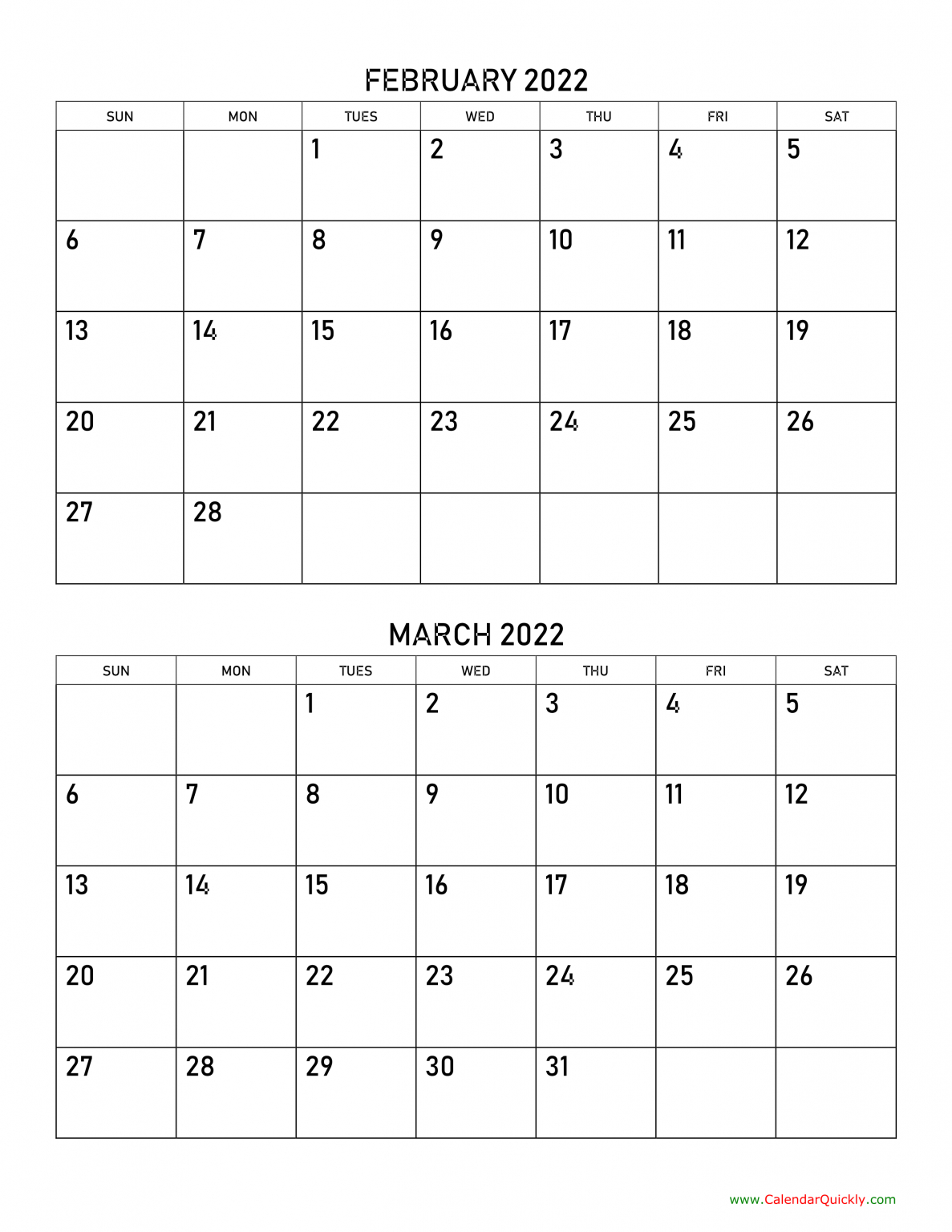 Feb And March 2022 Calendar Printable | Printable