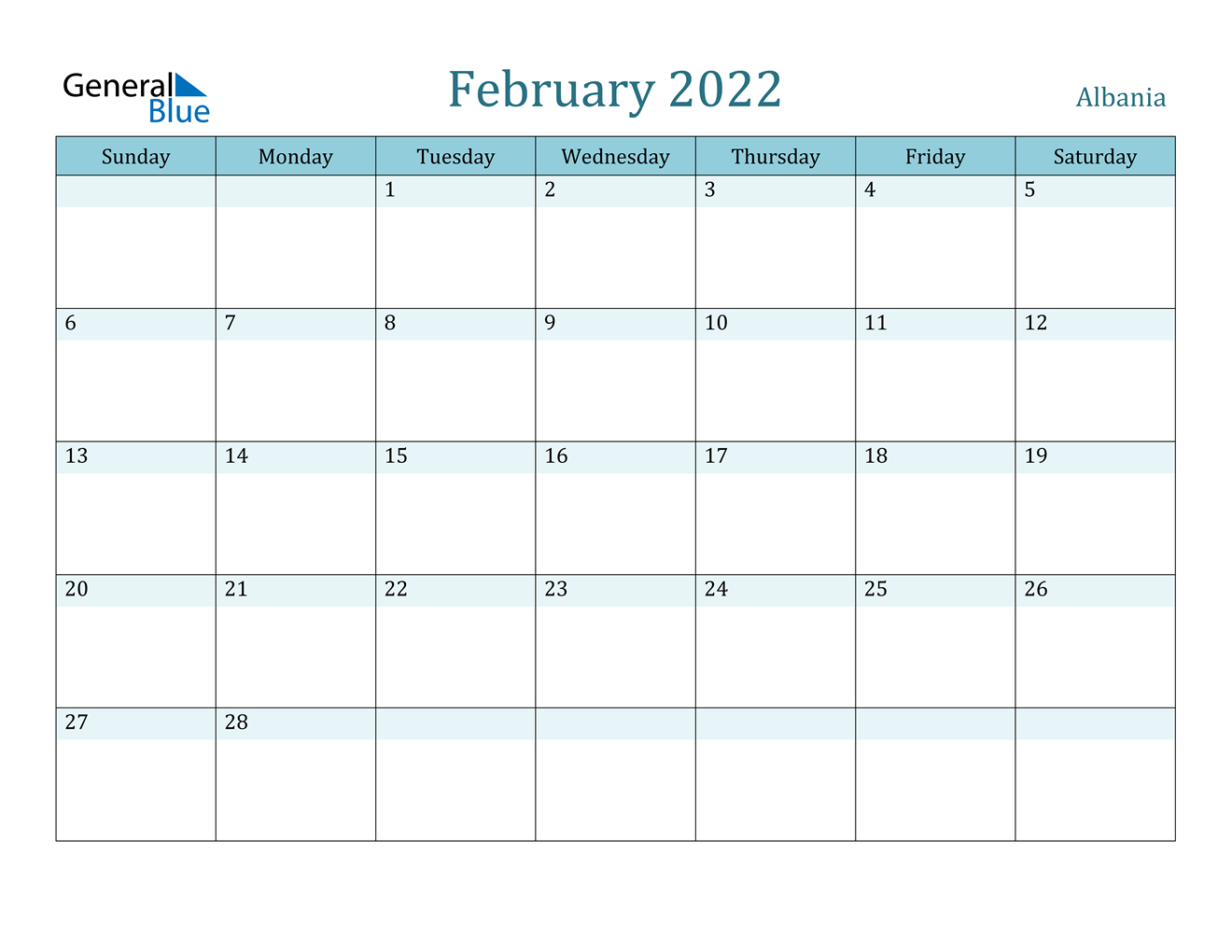 February 2022 Calendar - Albania
