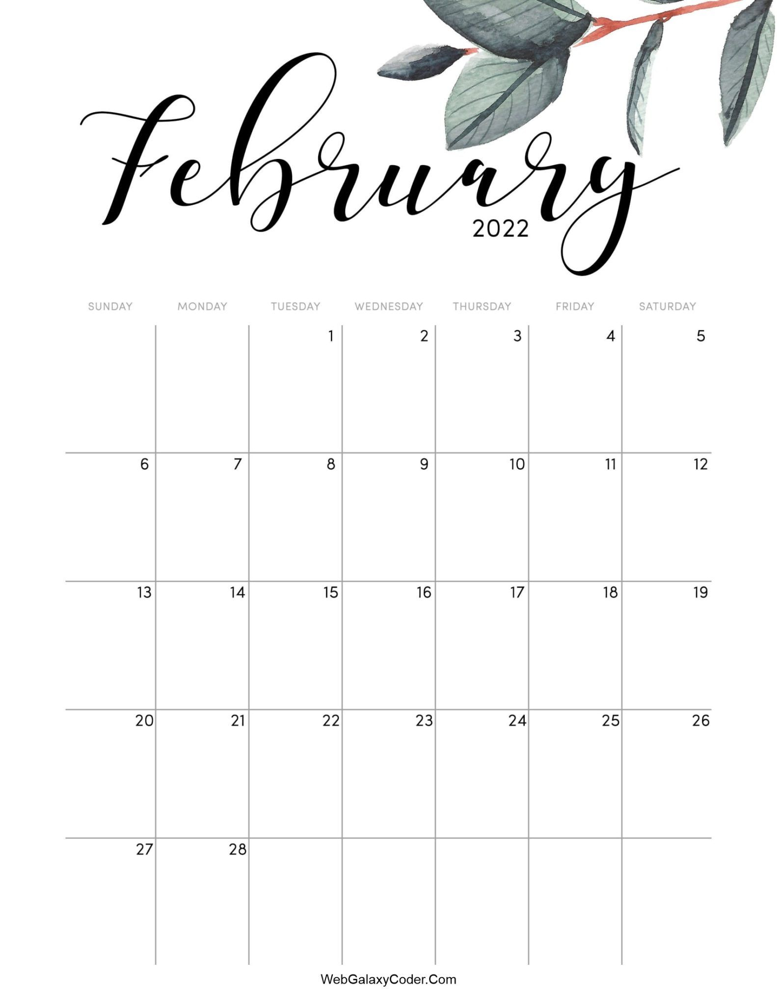 February 2022 Calendar - Cute Format - Print Now