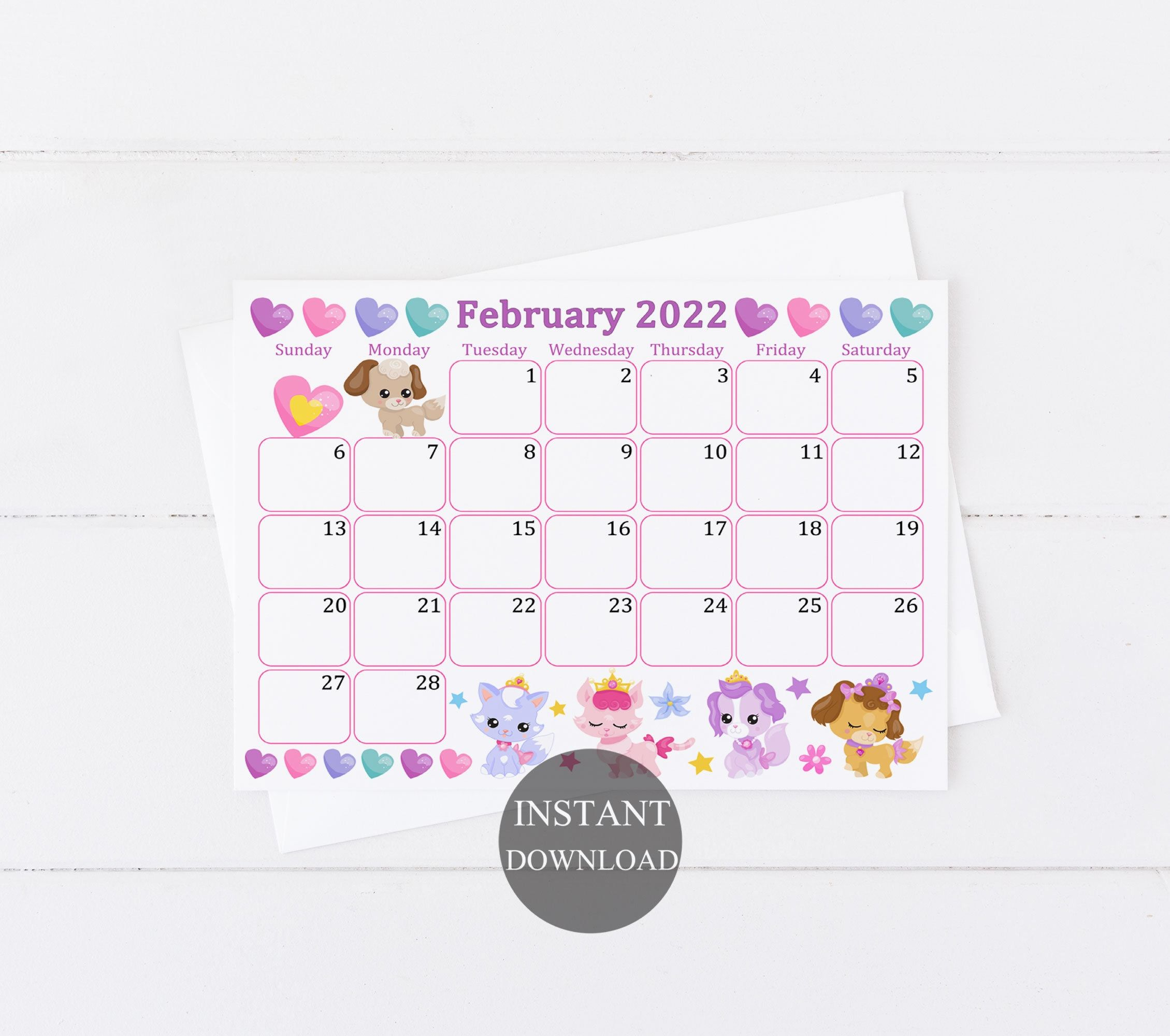 February 2022 Calendar Digital Download Monthly Calendar