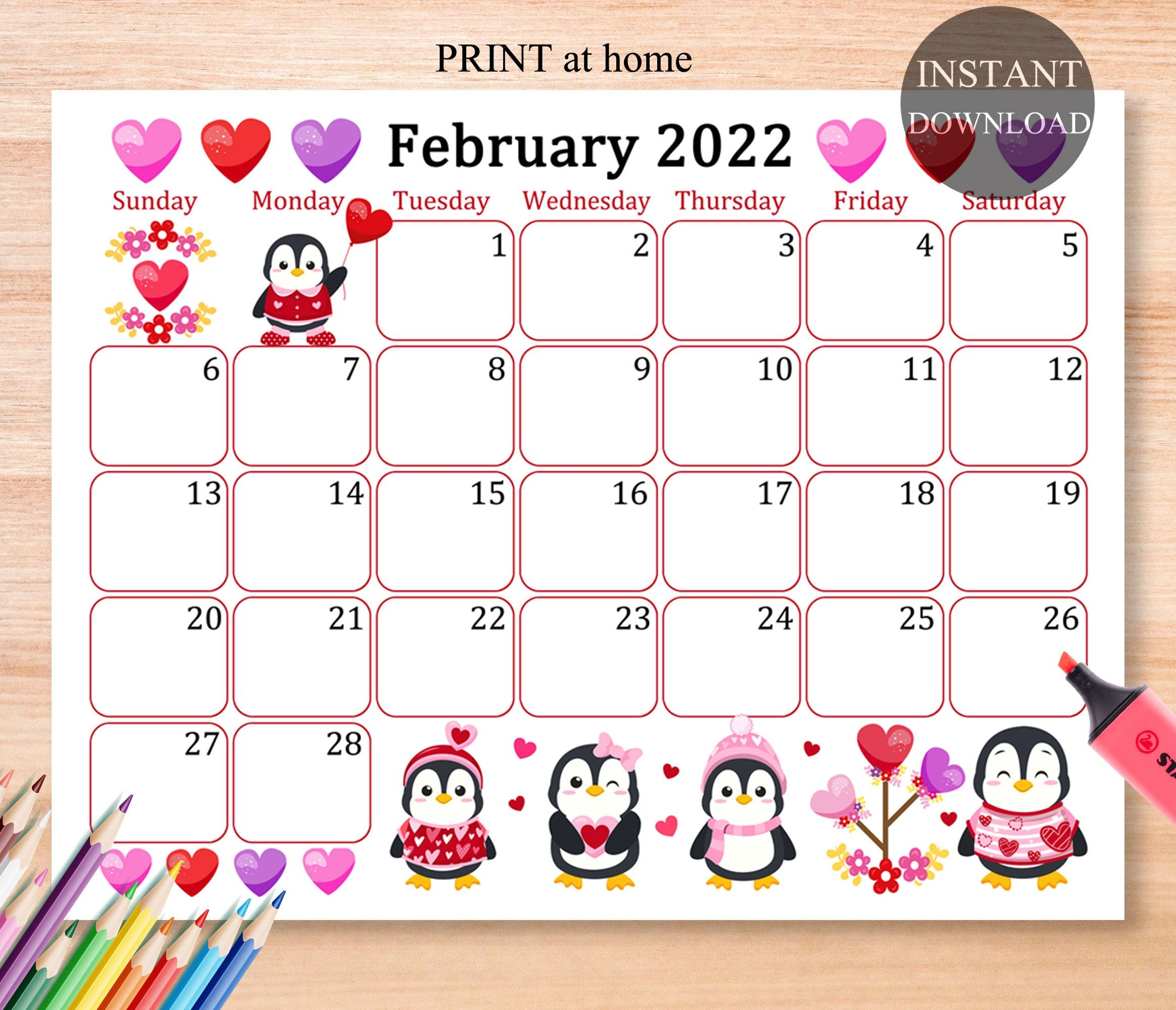 February 2022 Calendar Digital Download Monthly Calendar