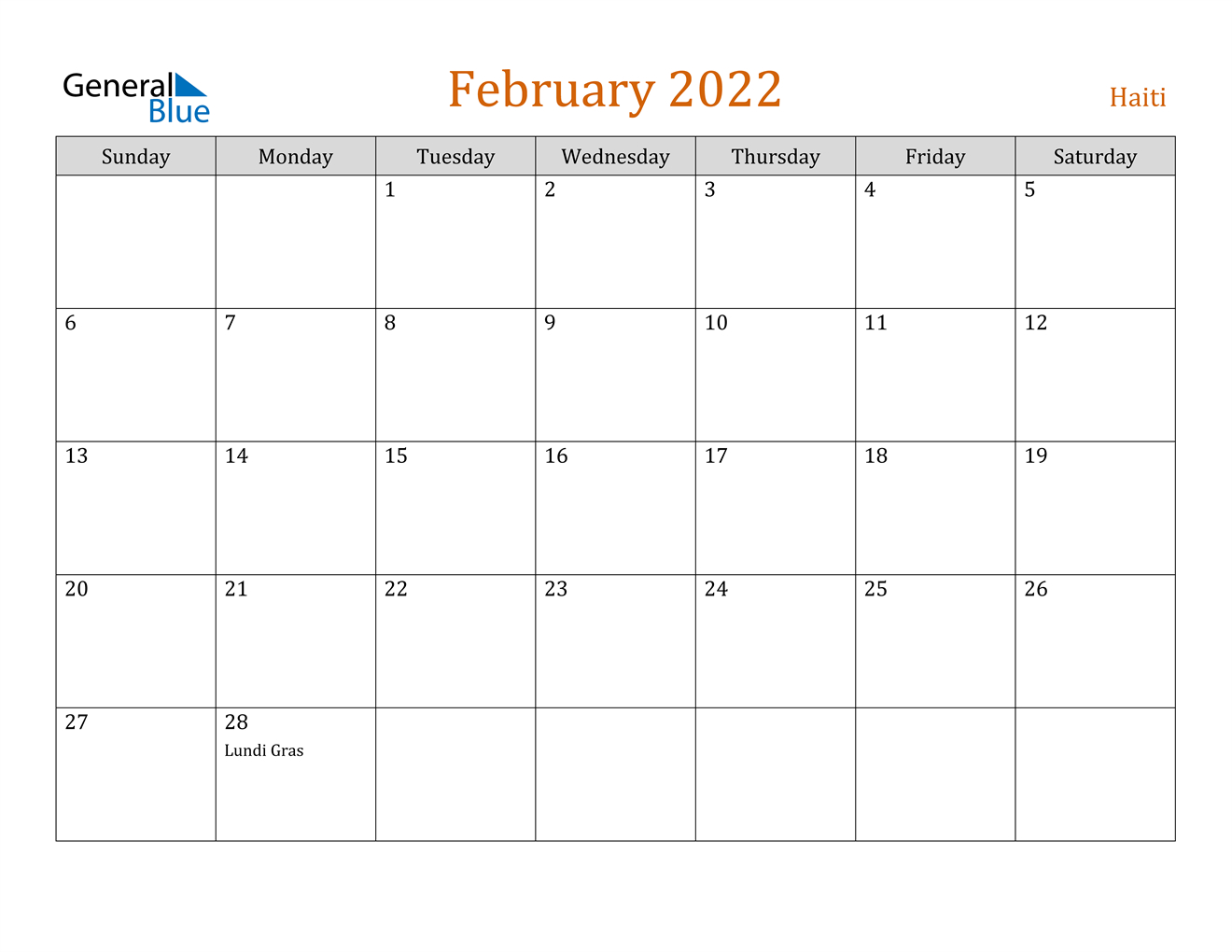 February 2022 Calendar - Haiti