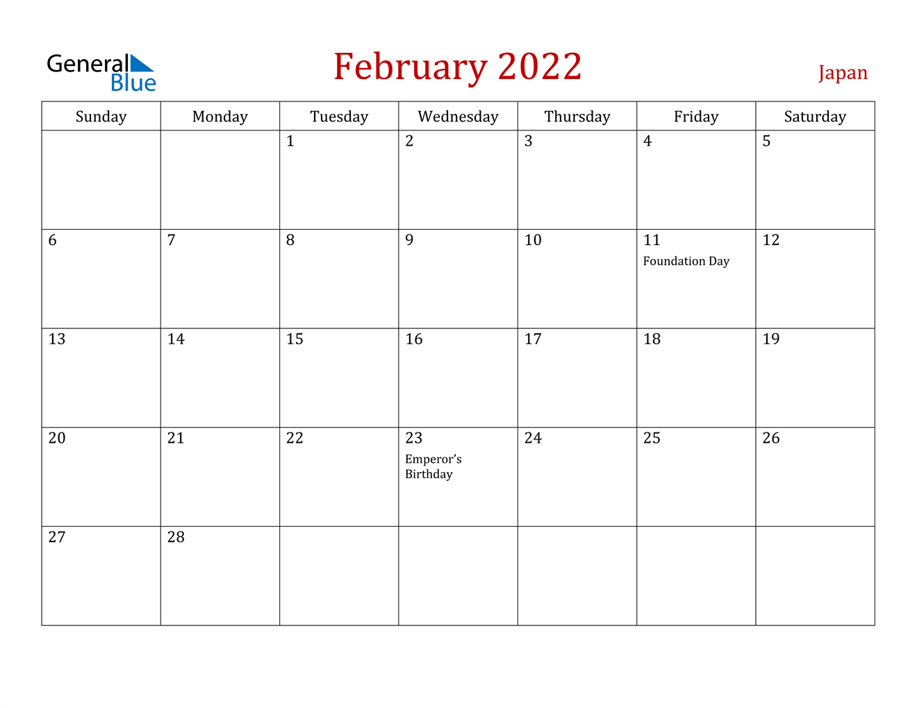 February 2022 Calendar - Japan