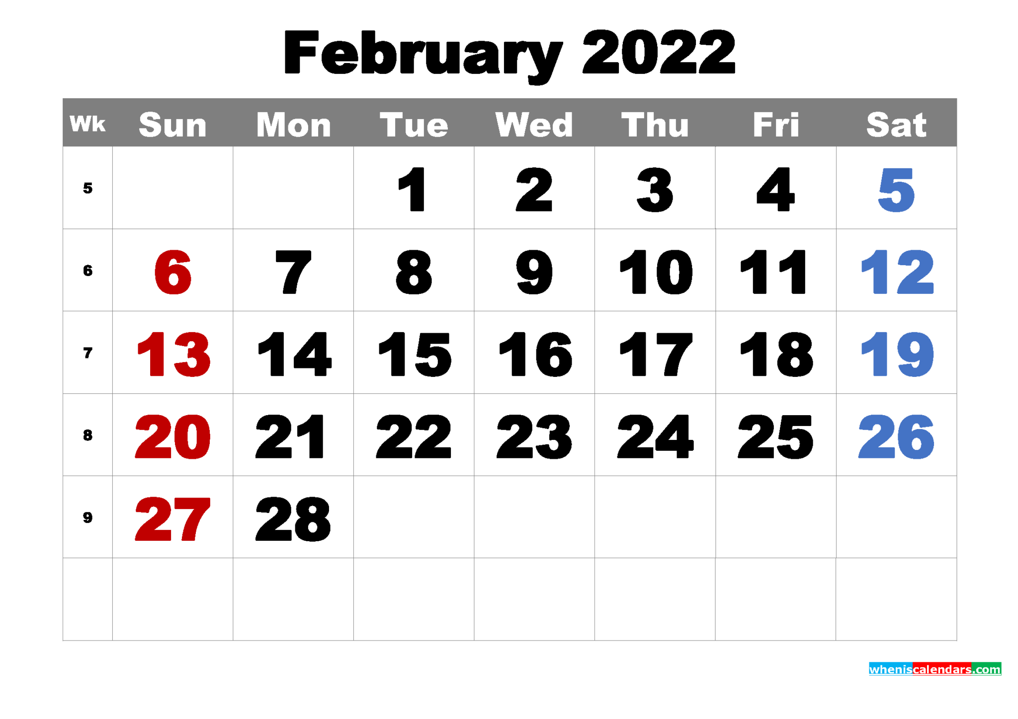 February 2022 Calendar Microsoft Word