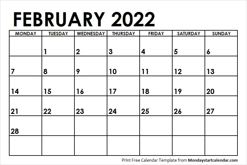 February 2022 Calendar Monday Start | February Month Template