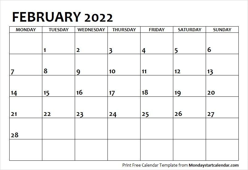 February 2022 Calendar Monday Start | February Month Template