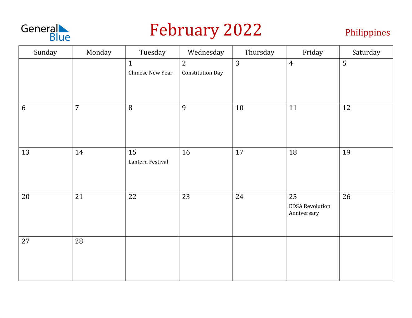 February 2022 Calendar - Philippines