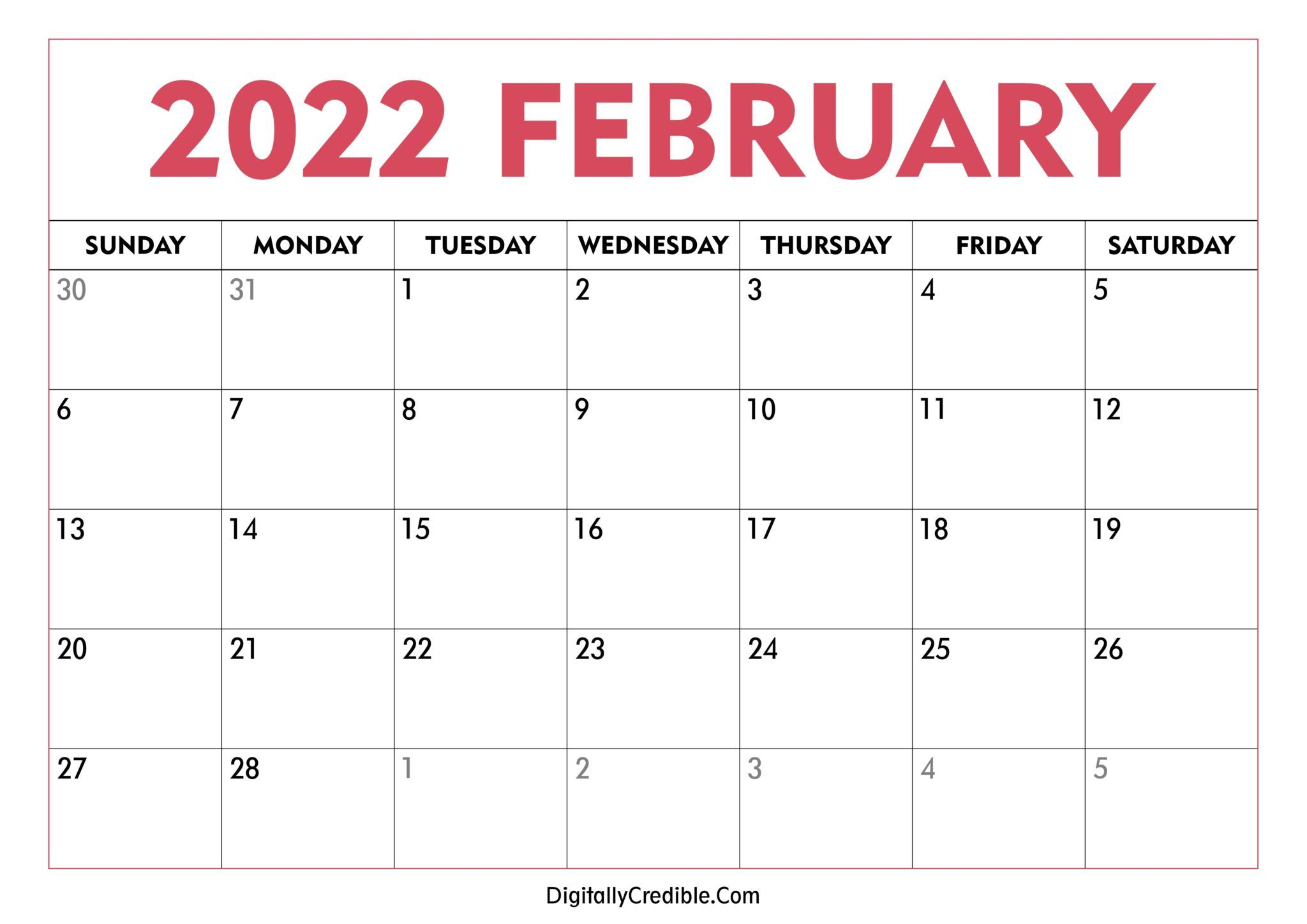 February 2022 Calendar Printable - Desk &amp; Wall