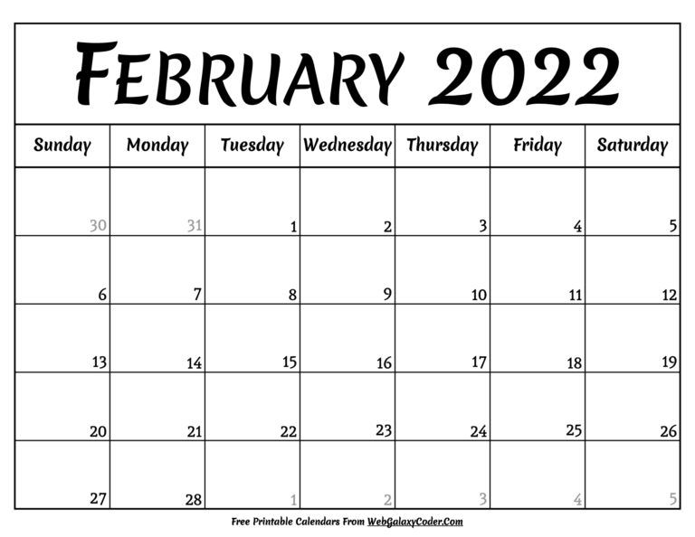 February 2022 Calendar - Printable Format - Print Now