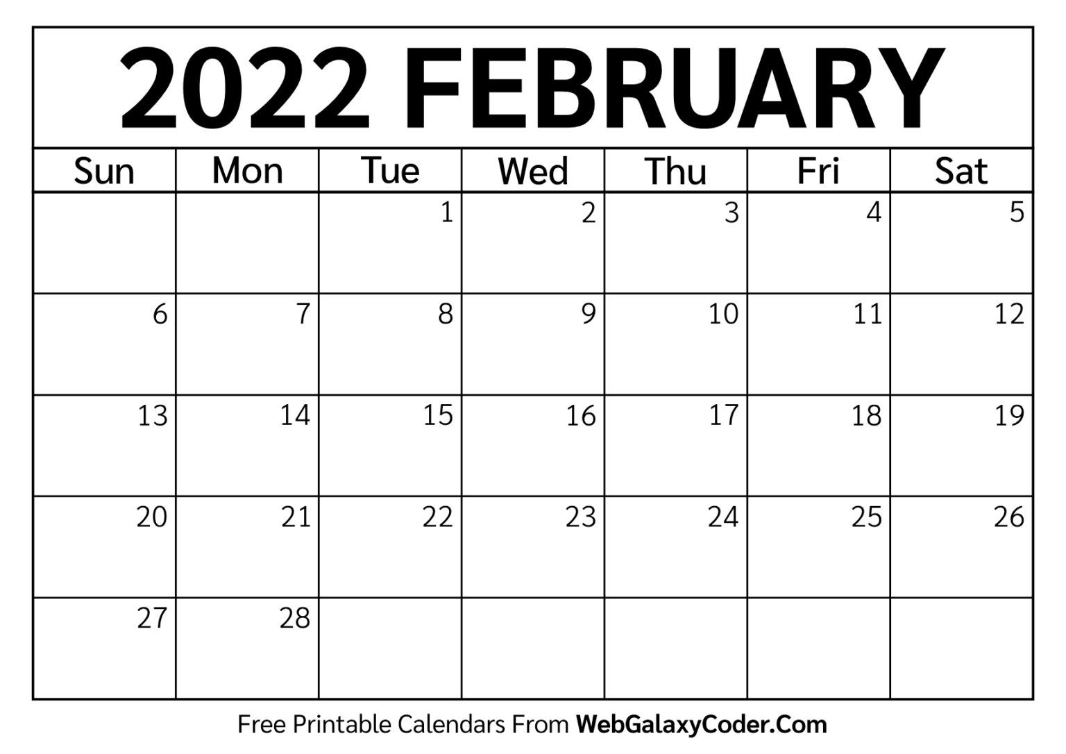 February 2022 Calendar - Printable Format - Print Now