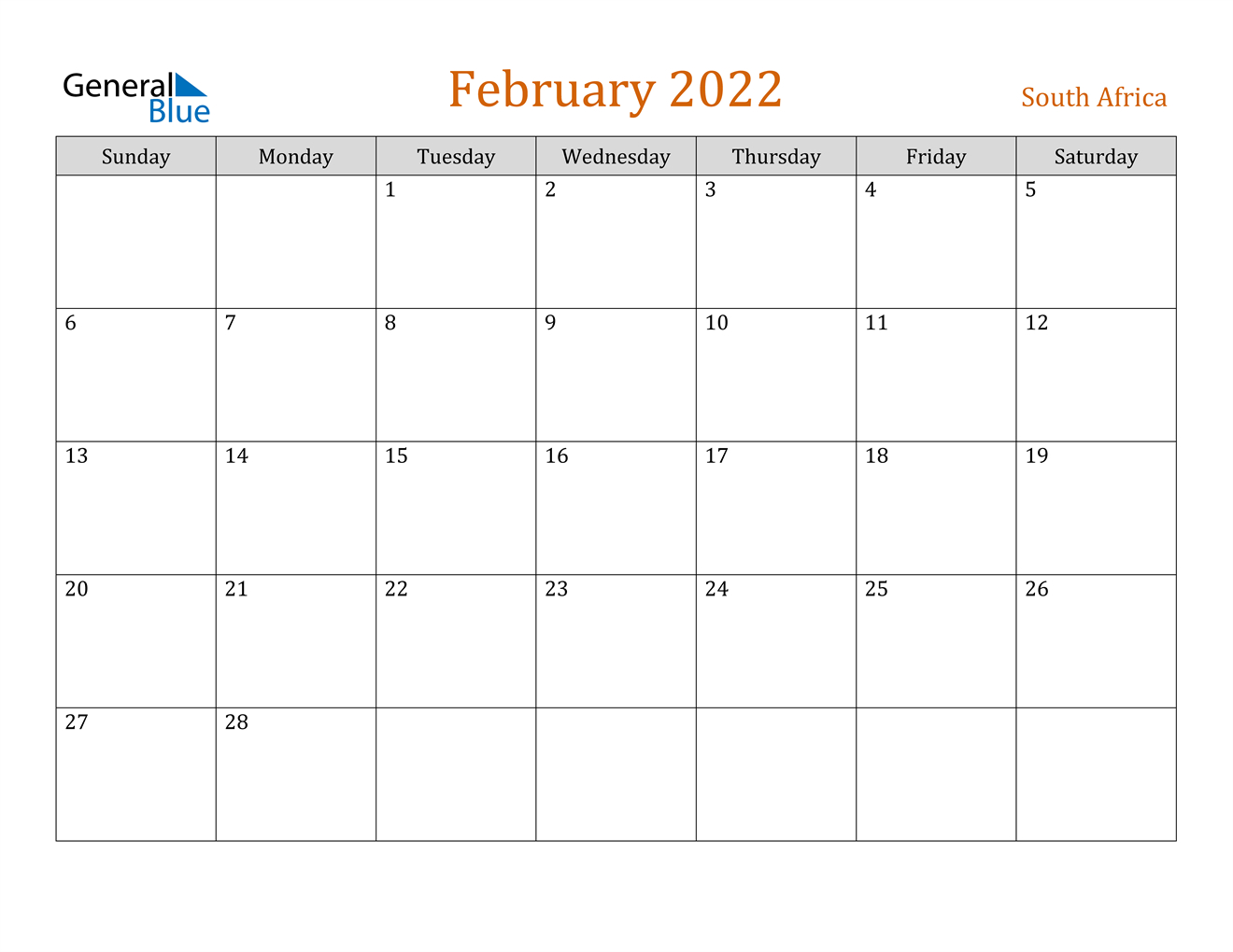 February 2022 Calendar - South Africa
