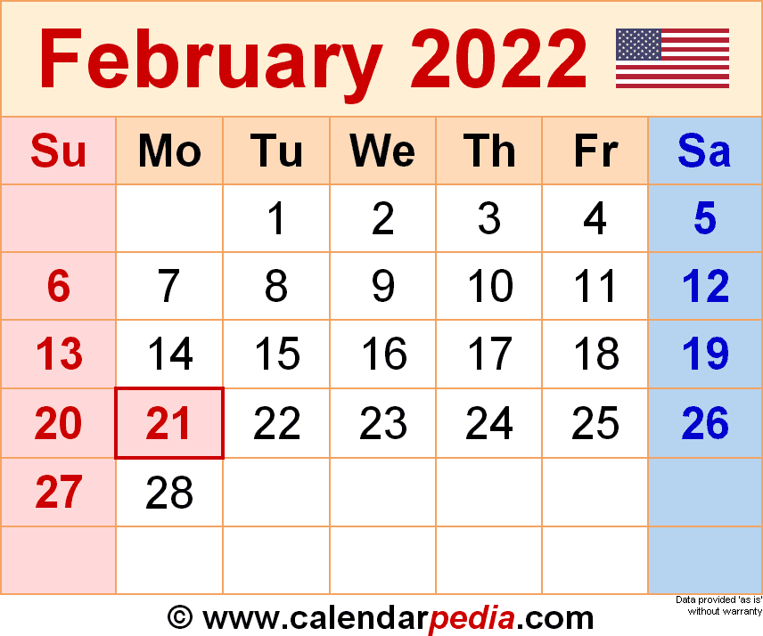 February 2022 Calendar | Templates For Word, Excel And Pdf