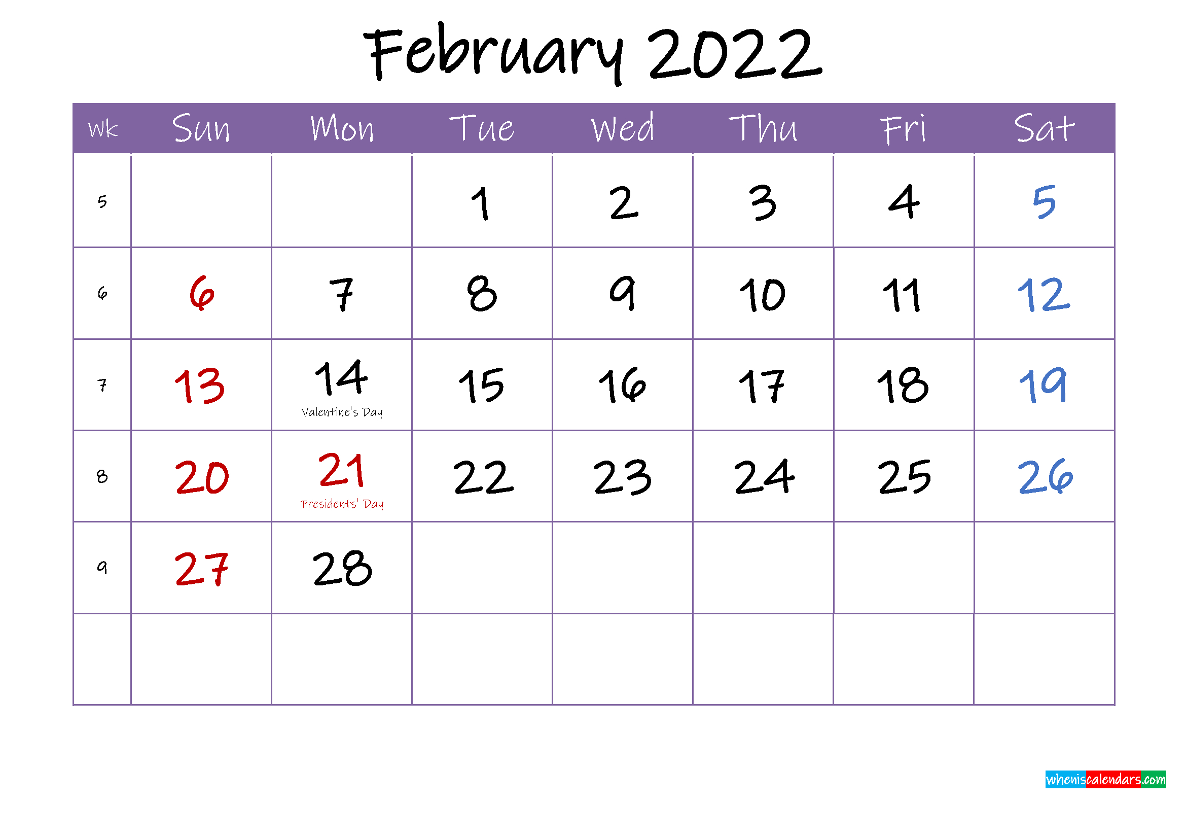 February 2022 Calendar With Holidays Printable - Template