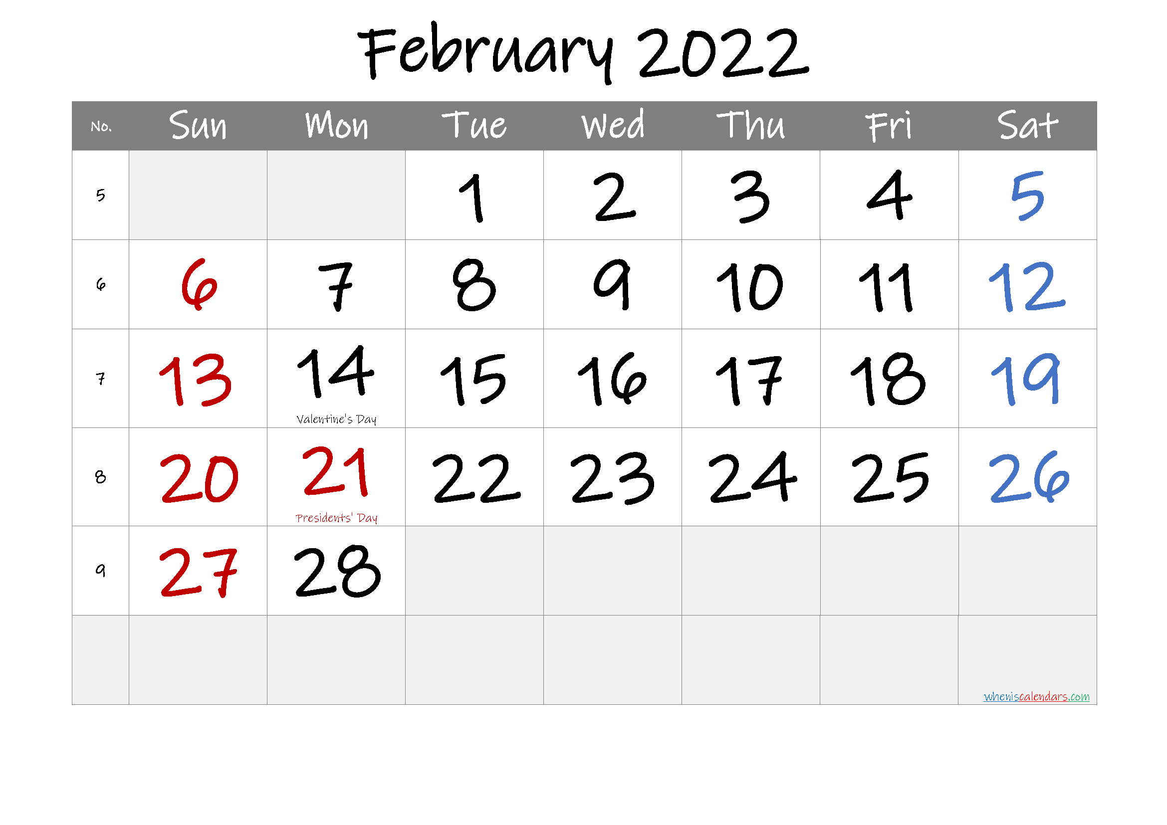 February 2022 Free Printable Calendar-Template No.if22M26